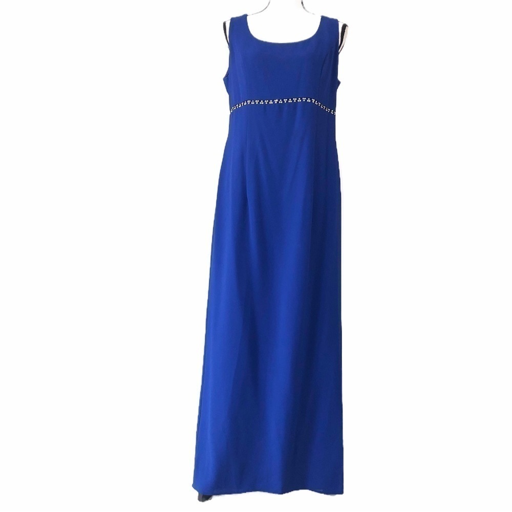 Vintage Evening Gown Blue Rhinestones Maxi Dress Size 12 Formal Prom Sleeveless